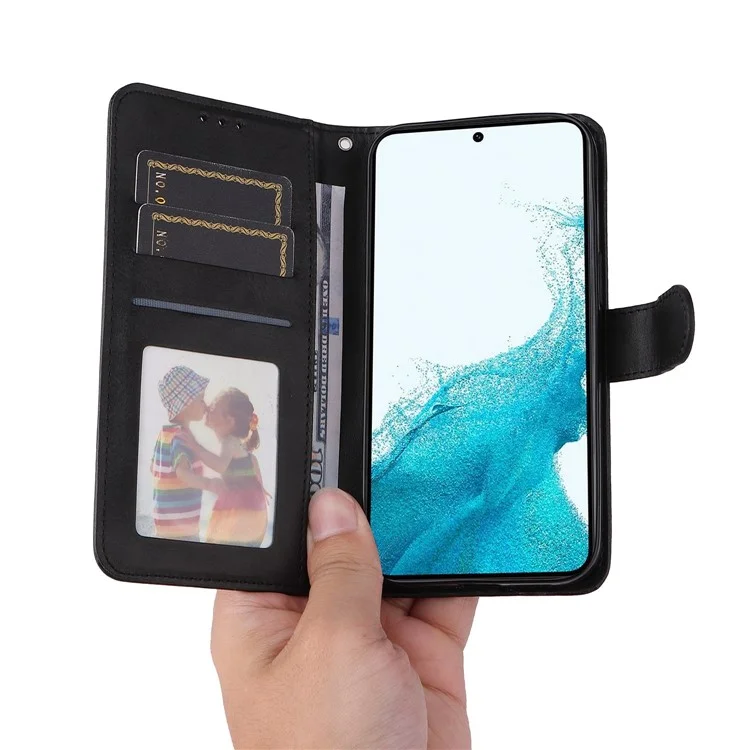 Cell Phone Case for Samsung Galaxy S23, Magnetic Clasp Classic Calf Texture PU Leather Wallet Stand Cover with Wrist Strap - Black