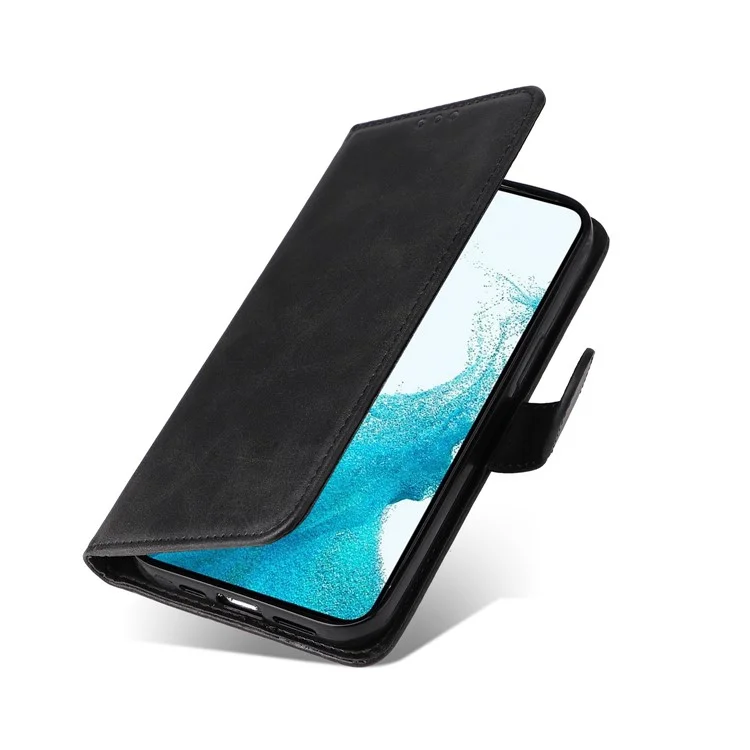 Cell Phone Case for Samsung Galaxy S23, Magnetic Clasp Classic Calf Texture PU Leather Wallet Stand Cover with Wrist Strap - Black