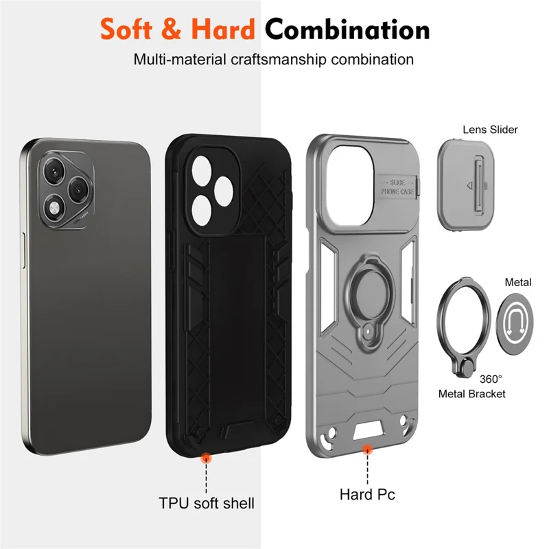 For Honor 400 Lite 5G Case Slide Camshield Kickstand PC + TPU Phone Cover - Grey