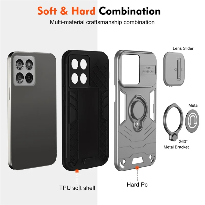 For Motorola Edge 60 Fusion 5G Case Slide Camshield Kickstand PC + TPU Phone Cover - Grey