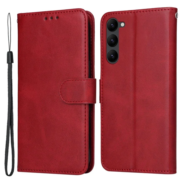 For Samsung Galaxy S23+ Calf Texture Shockproof PU Leather Case Magnetic Clasp Wallet Stand Phone Cover - Red