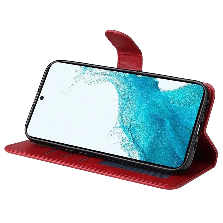 For Samsung Galaxy S23+ Calf Texture Shockproof PU Leather Case Magnetic Clasp Wallet Stand Phone Cover - Red
