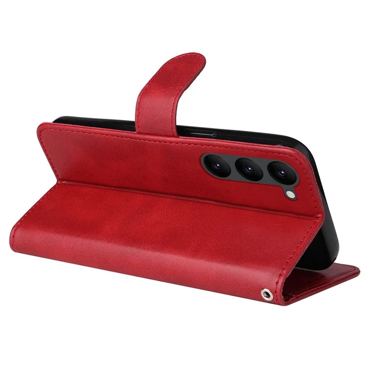 For Samsung Galaxy S23+ Calf Texture Shockproof PU Leather Case Magnetic Clasp Wallet Stand Phone Cover - Red