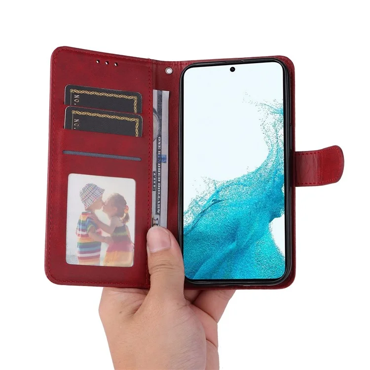 For Samsung Galaxy S23+ Calf Texture Shockproof PU Leather Case Magnetic Clasp Wallet Stand Phone Cover - Red