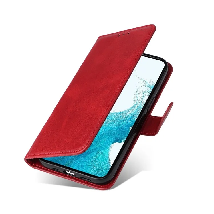 For Samsung Galaxy S23+ Calf Texture Shockproof PU Leather Case Magnetic Clasp Wallet Stand Phone Cover - Red