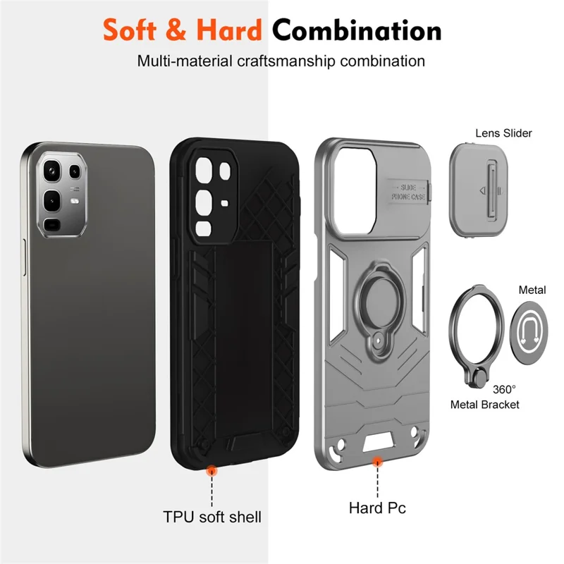 Pour Infinix Note 50 4G Étui Coulissant Camshield avec Béquille PC + TPU Housse de Téléphone - Gris