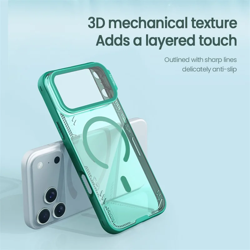 Capa NILLKIN Iceblade Prop para iPhone 17 Pro Max - Estojo Magnético Transparente com Tampa de Lente, Suporte e Estrutura em PC e TPU - Verde
