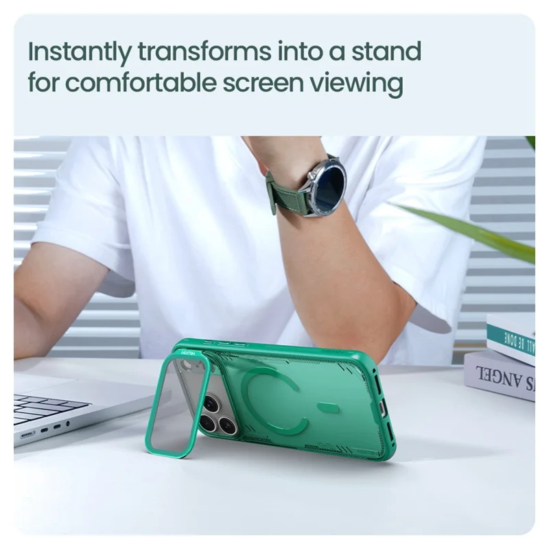 Capa NILLKIN Iceblade Prop para iPhone 17 Pro Max - Estojo Magnético Transparente com Tampa de Lente, Suporte e Estrutura em PC e TPU - Verde