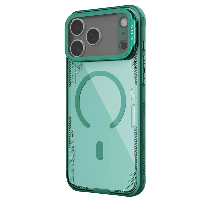 Capa NILLKIN Iceblade Prop para iPhone 17 Pro Max - Estojo Magnético Transparente com Tampa de Lente, Suporte e Estrutura em PC e TPU - Verde