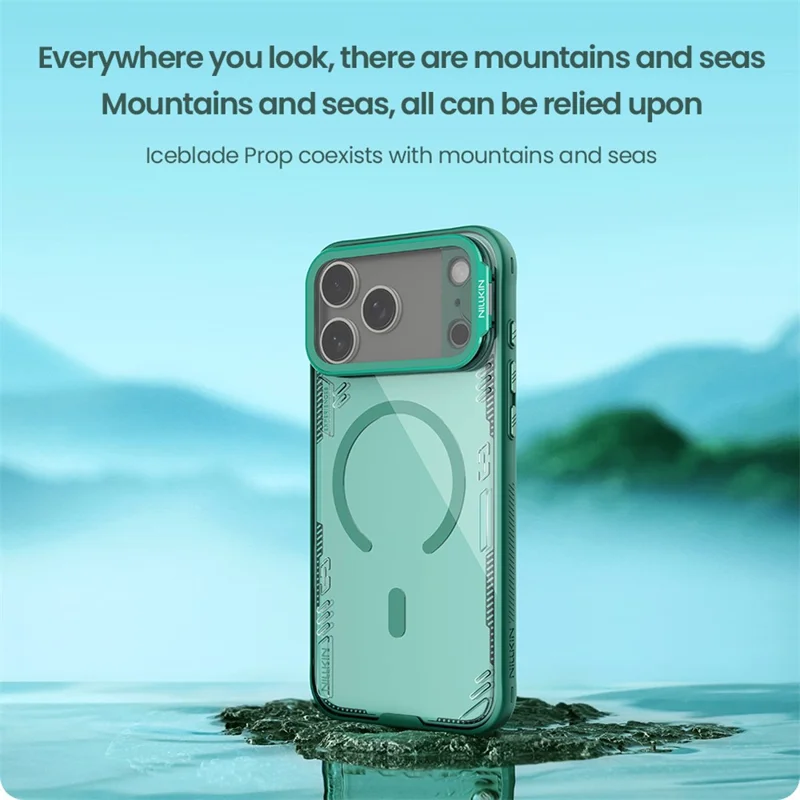 Capa NILLKIN Iceblade Prop para iPhone 17 Pro Max - Estojo Magnético Transparente com Tampa de Lente, Suporte e Estrutura em PC e TPU - Verde