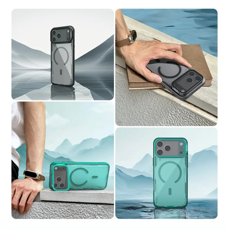Capa NILLKIN Iceblade Prop para iPhone 17 Pro Max - Estojo Magnético Transparente com Tampa de Lente, Suporte e Estrutura em PC e TPU - Verde