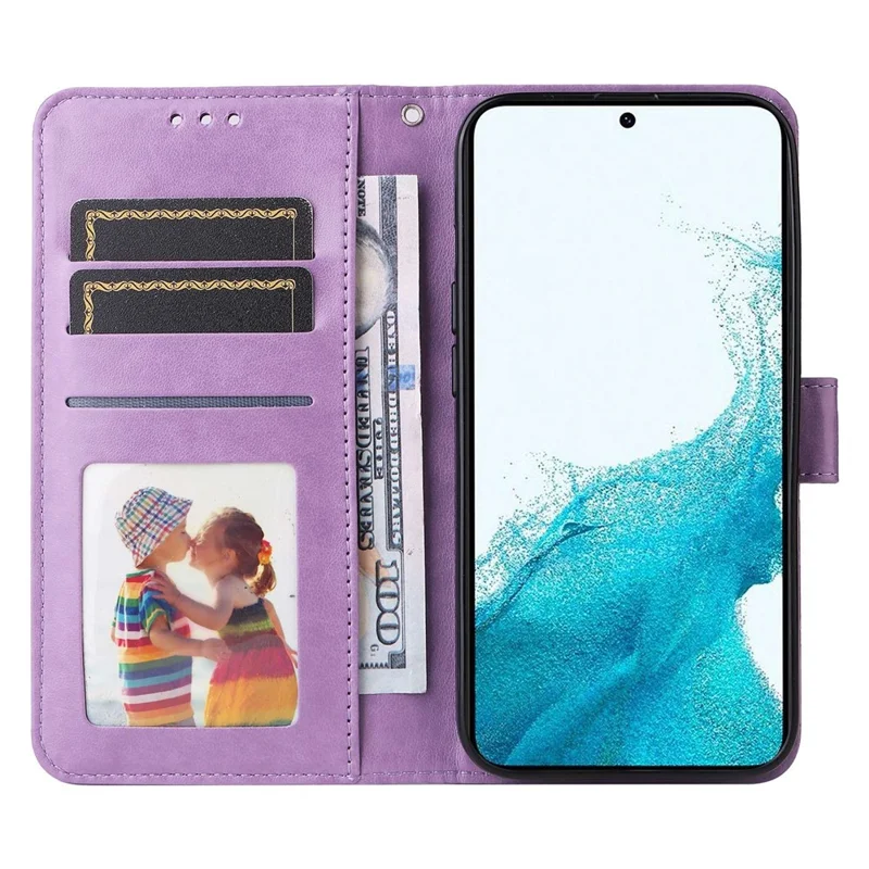 Pour Samsung Galaxy S23 Anti-rayure en cuir PU à motif tournesol avec support, fermeture magnétique et dragonne - Violet