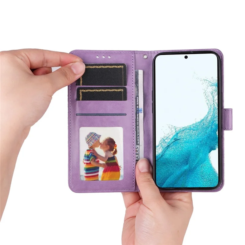 Pour Samsung Galaxy S23 Anti-rayure en cuir PU à motif tournesol avec support, fermeture magnétique et dragonne - Violet