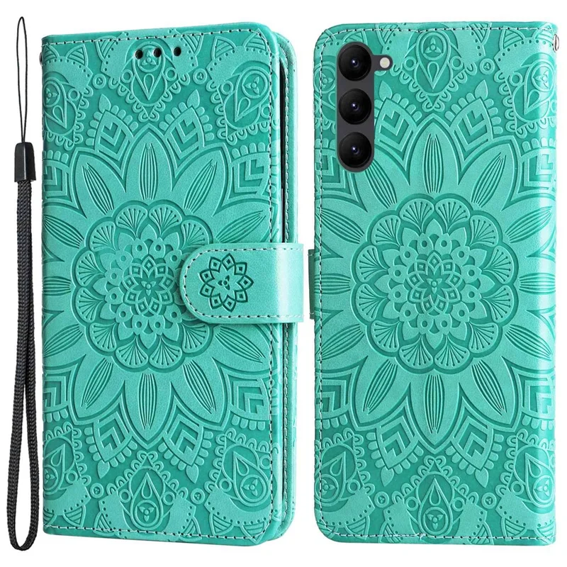 PU Leather Imprinted Sunflower Stand Phone Case for Samsung Galaxy S23+, Wallet Design Magnetic Closure Smartphone Shell Cover - Green