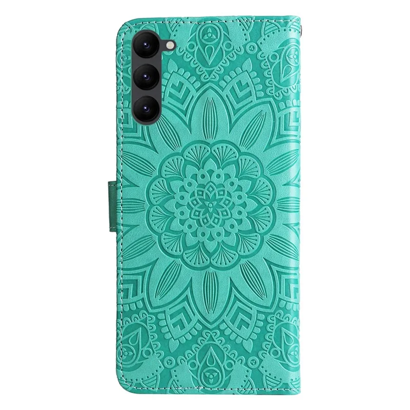 PU Leather Imprinted Sunflower Stand Phone Case for Samsung Galaxy S23+, Wallet Design Magnetic Closure Smartphone Shell Cover - Green