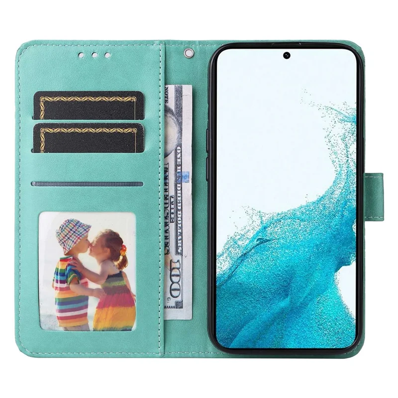 PU Leather Imprinted Sunflower Stand Phone Case for Samsung Galaxy S23+, Wallet Design Magnetic Closure Smartphone Shell Cover - Green