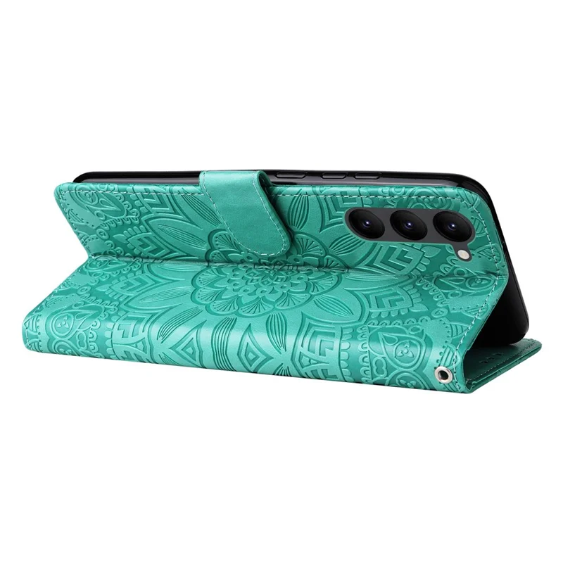 PU Leather Imprinted Sunflower Stand Phone Case for Samsung Galaxy S23+, Wallet Design Magnetic Closure Smartphone Shell Cover - Green