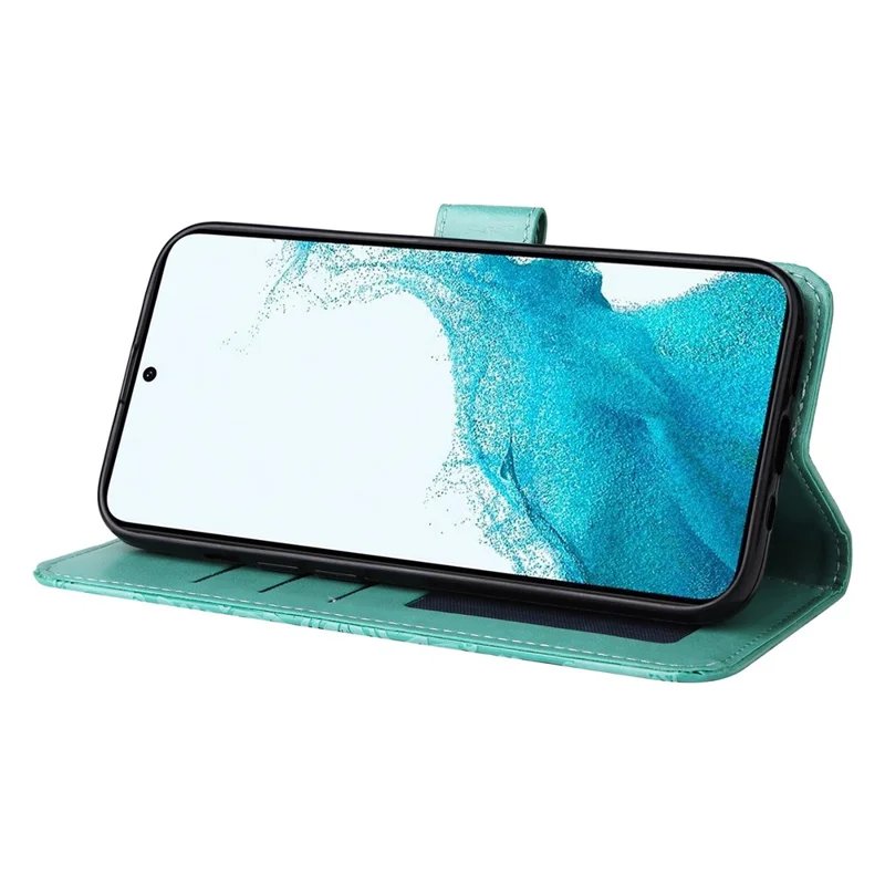 PU Leather Imprinted Sunflower Stand Phone Case for Samsung Galaxy S23+, Wallet Design Magnetic Closure Smartphone Shell Cover - Green