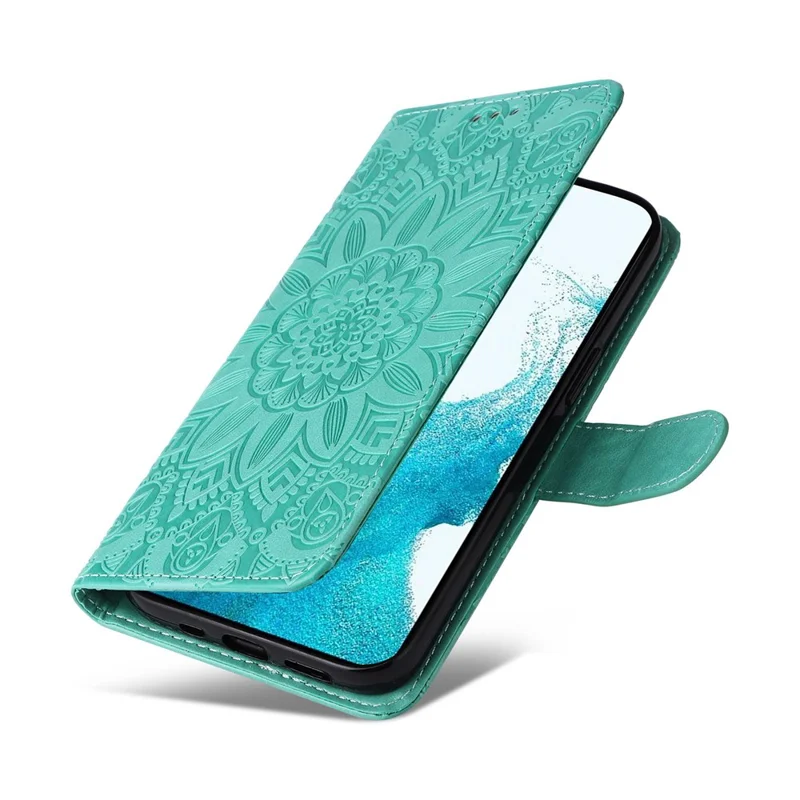 PU Leather Imprinted Sunflower Stand Phone Case for Samsung Galaxy S23+, Wallet Design Magnetic Closure Smartphone Shell Cover - Green