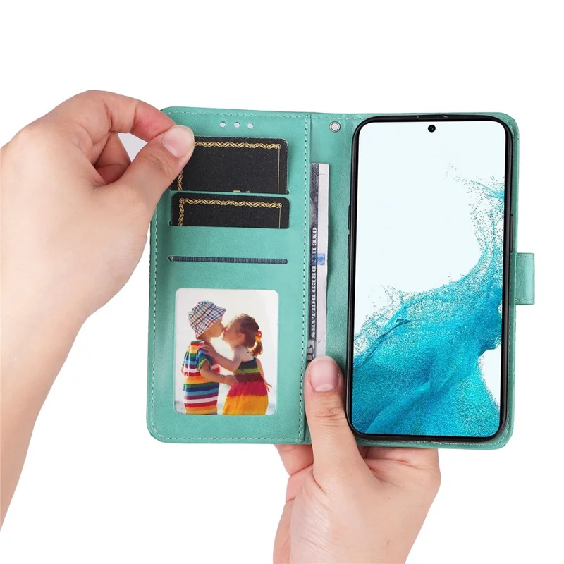 PU Leather Imprinted Sunflower Stand Phone Case for Samsung Galaxy S23+, Wallet Design Magnetic Closure Smartphone Shell Cover - Green