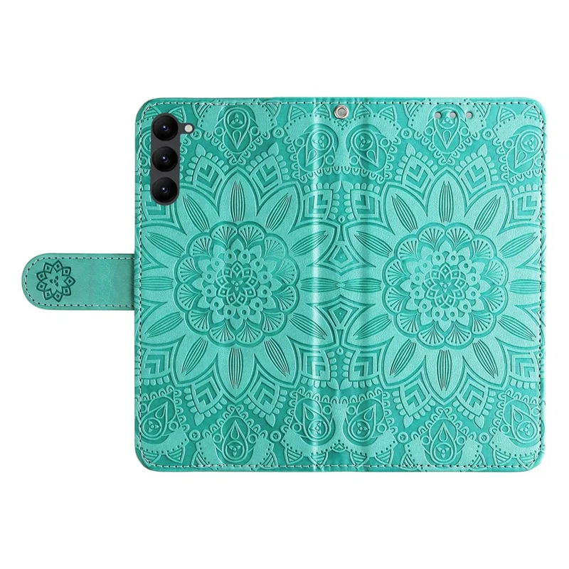 PU Leather Imprinted Sunflower Stand Phone Case for Samsung Galaxy S23+, Wallet Design Magnetic Closure Smartphone Shell Cover - Green