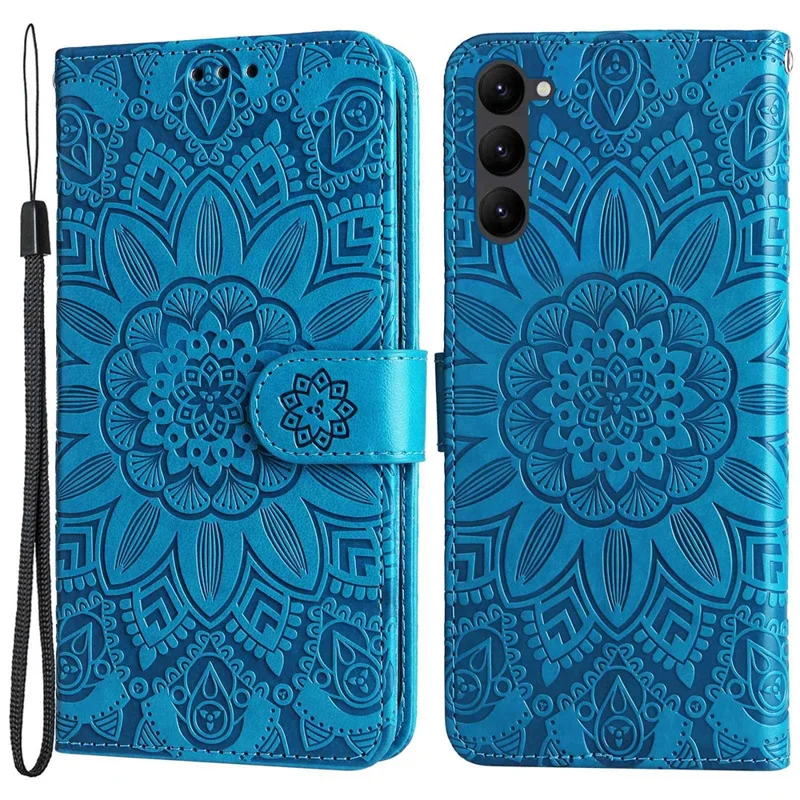 PU Leather Imprinted Sunflower Stand Phone Case for Samsung Galaxy S23+, Wallet Design Magnetic Closure Smartphone Shell Cover - Blue