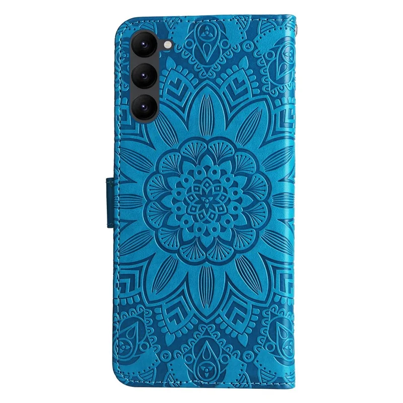 PU Leather Imprinted Sunflower Stand Phone Case for Samsung Galaxy S23+, Wallet Design Magnetic Closure Smartphone Shell Cover - Blue