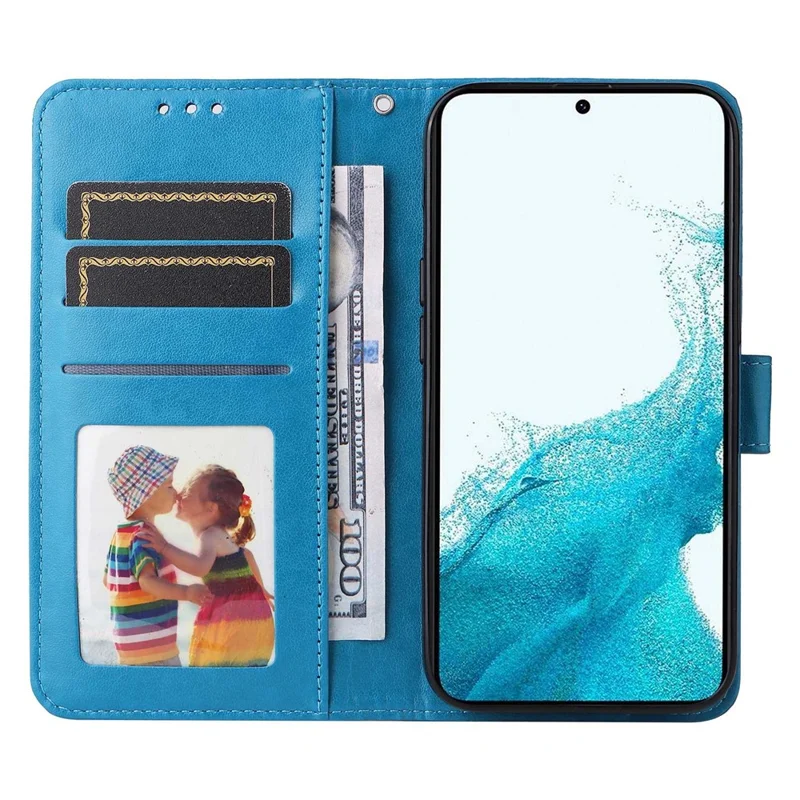 PU Leather Imprinted Sunflower Stand Phone Case for Samsung Galaxy S23+, Wallet Design Magnetic Closure Smartphone Shell Cover - Blue