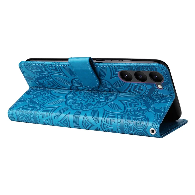 PU Leather Imprinted Sunflower Stand Phone Case for Samsung Galaxy S23+, Wallet Design Magnetic Closure Smartphone Shell Cover - Blue