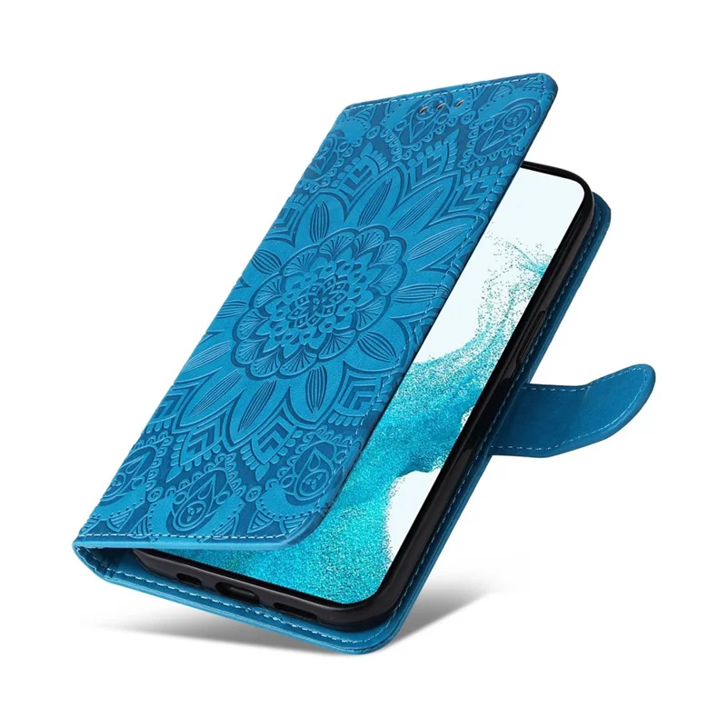 PU Leather Imprinted Sunflower Stand Phone Case for Samsung Galaxy S23+, Wallet Design Magnetic Closure Smartphone Shell Cover - Blue