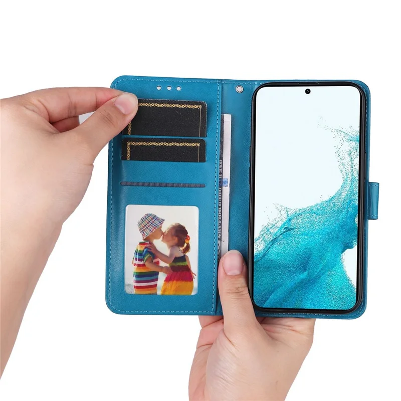 PU Leather Imprinted Sunflower Stand Phone Case for Samsung Galaxy S23+, Wallet Design Magnetic Closure Smartphone Shell Cover - Blue