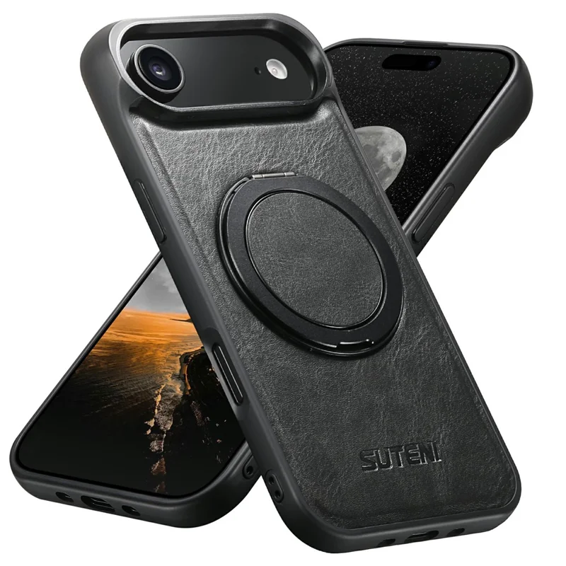 SUTENI G3 For iPhone Air Case Compatible with MagSafe Waxy Texture Rotating Kickstand Leather Phone Back Cover - Black