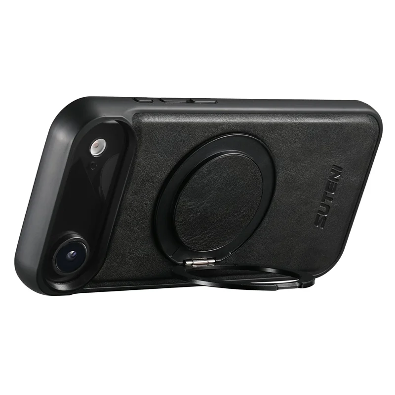 SUTENI G3 For iPhone Air Case Compatible with MagSafe Waxy Texture Rotating Kickstand Leather Phone Back Cover - Black