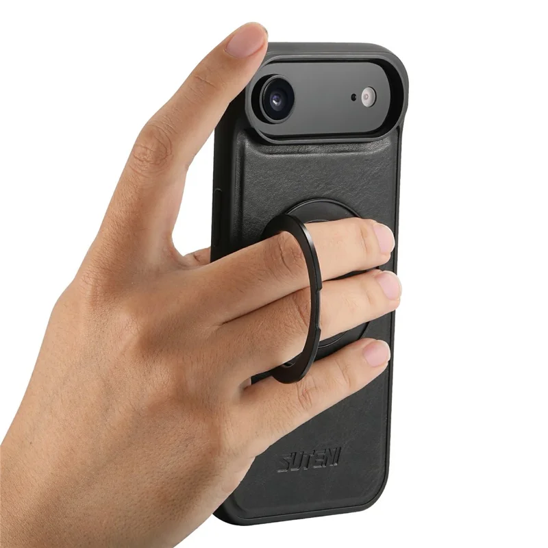 SUTENI G3 For iPhone Air Case Compatible with MagSafe Waxy Texture Rotating Kickstand Leather Phone Back Cover - Black