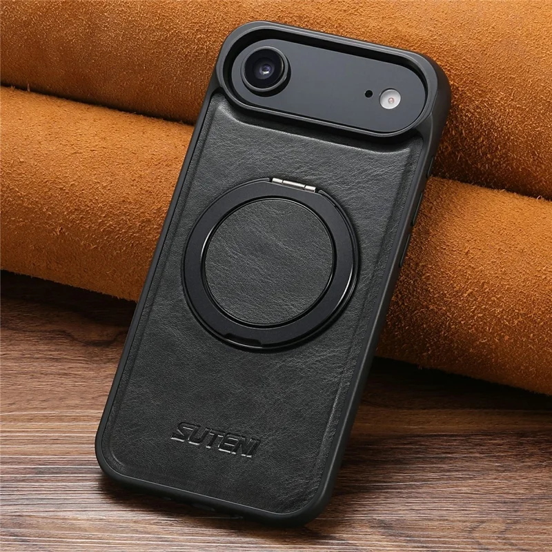 SUTENI G3 For iPhone Air Case Compatible with MagSafe Waxy Texture Rotating Kickstand Leather Phone Back Cover - Black