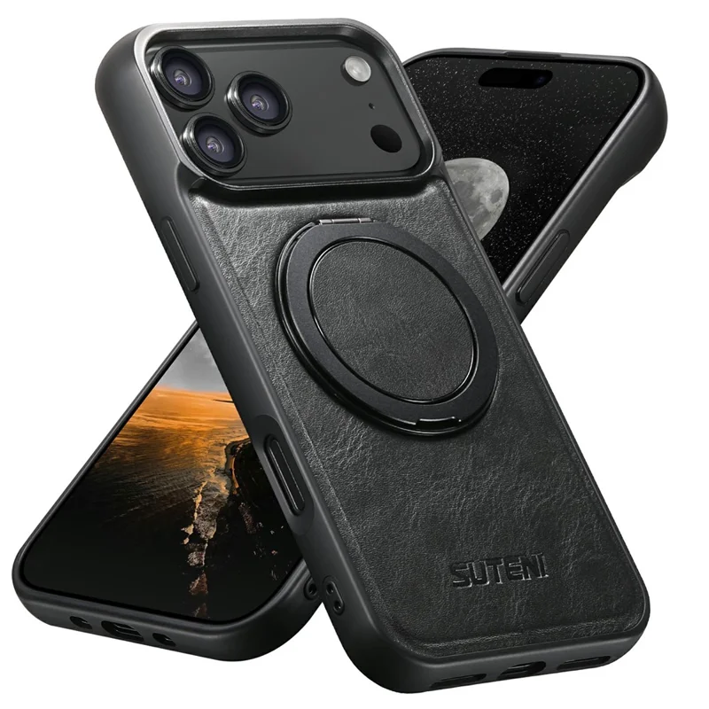 SUTENI G3 For iPhone 17 Pro Case Compatible with MagSafe Waxy Texture Rotating Kickstand Leather Phone Back Cover - Black