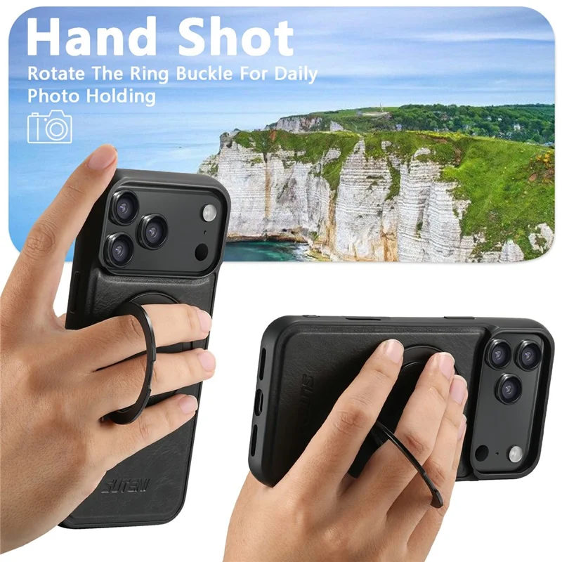 SUTENI G3 For iPhone 17 Pro Case Compatible with MagSafe Waxy Texture Rotating Kickstand Leather Phone Back Cover - Black