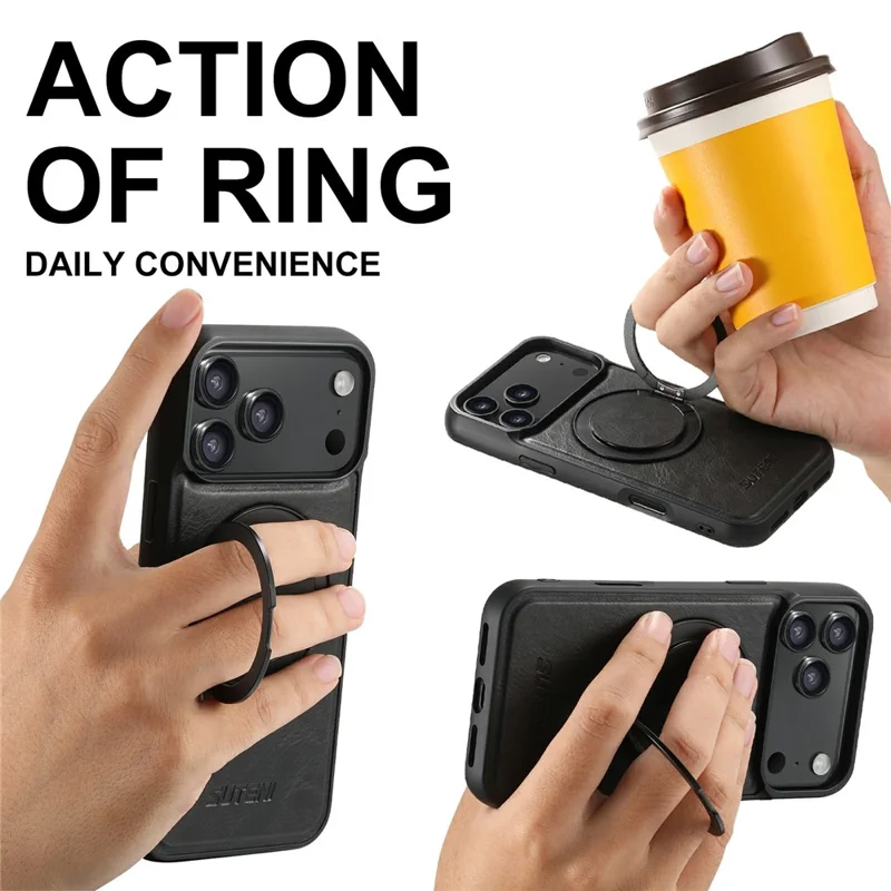 SUTENI G3 For iPhone 17 Pro Case Compatible with MagSafe Waxy Texture Rotating Kickstand Leather Phone Back Cover - Black