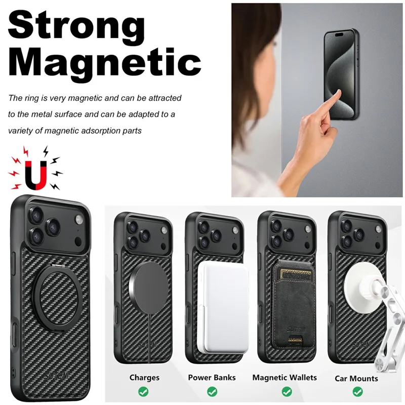 SUTENI G3 For iPhone 17 Pro Magnetic Case Rotating Kickstand Carbon Fiber Texture Leather Phone Back Cover