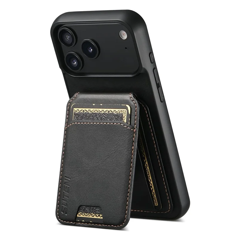 SUTENI H02 For iPhone 17 Pro Max Case Waxy Texture Leather + TPU Card Slots Kickstand Phone Cover - Black