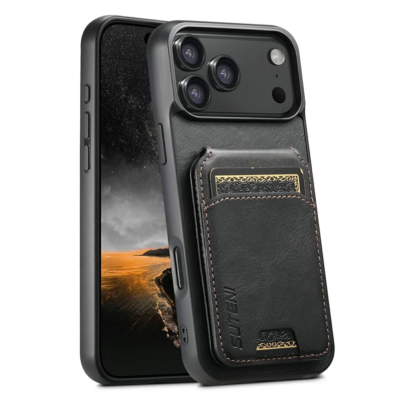 SUTENI H02 Fodral för iPhone 17 Pro Vaxartad struktur Läder + TPU med kortfack Vinklingsfodral - Svart