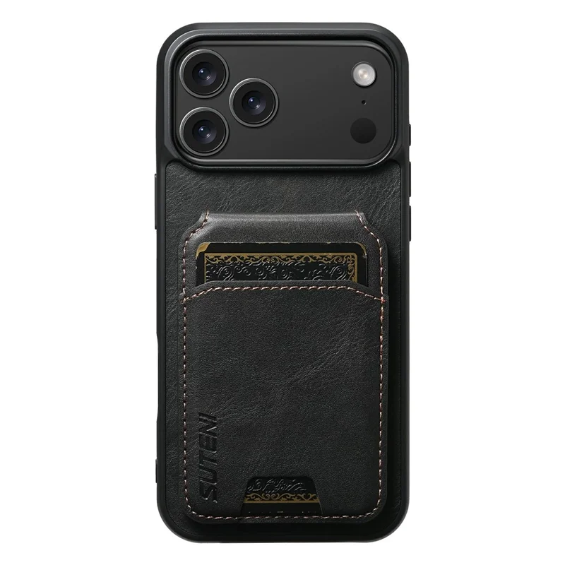 SUTENI H02 Fodral för iPhone 17 Pro Vaxartad struktur Läder + TPU med kortfack Vinklingsfodral - Svart