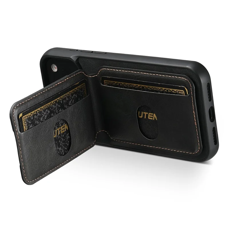 SUTENI H02 Fodral för iPhone 17 Pro Vaxartad struktur Läder + TPU med kortfack Vinklingsfodral - Svart