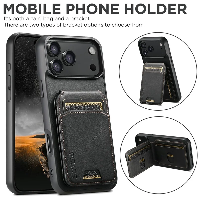 SUTENI H02 Fodral för iPhone 17 Pro Vaxartad struktur Läder + TPU med kortfack Vinklingsfodral - Svart