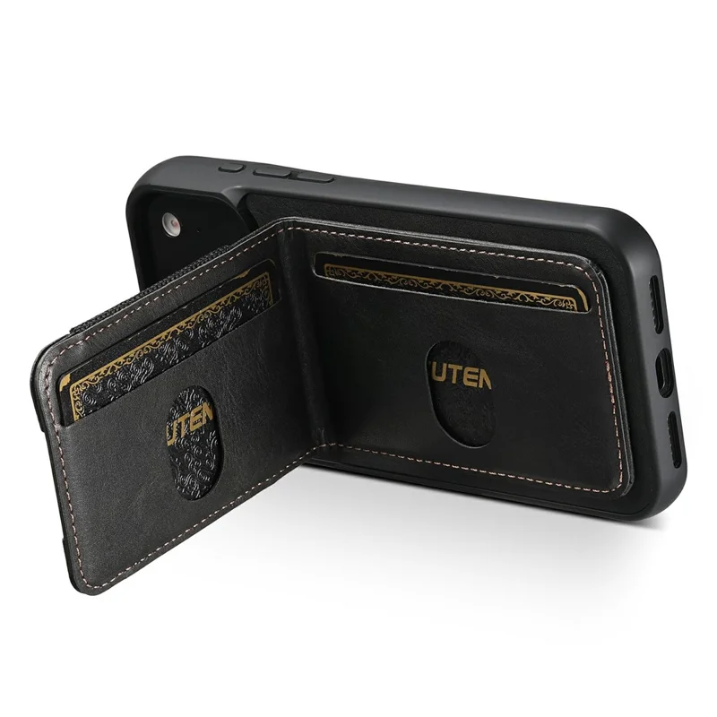 SUTENI H03 Voor iPhone 17 Pro Max hoesje met kaarthouder Waxy textuur leer + TPU telefoonhoes - Zwart