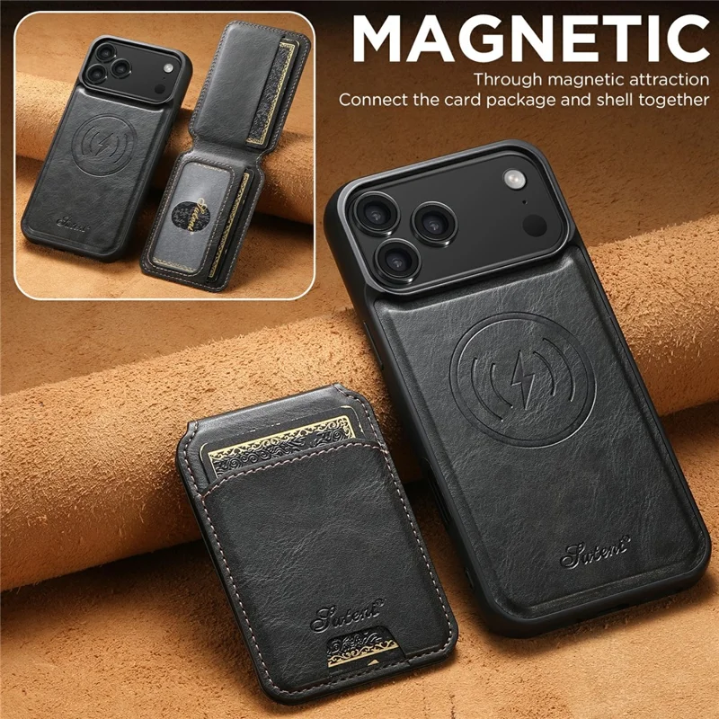 SUTENI H15 For iPhone 17 Pro Case Compatible with MagSafe Detachable Card Holder Phone Cover - Black