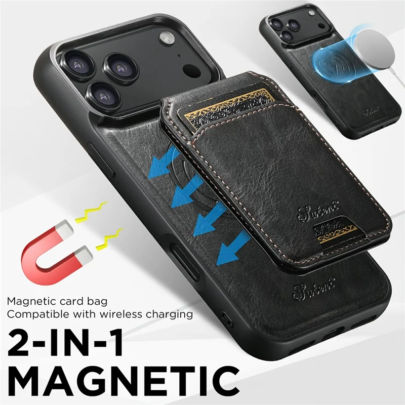 SUTENI H15 For iPhone 17 Pro Max Case Compatible with MagSafe Detachable Card Holder Phone Cover - Black