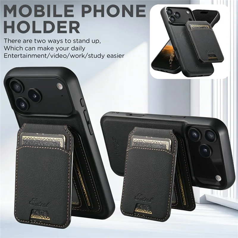 SUTENI H16 Étui pour iPhone 17 Pro Max Compatible avec MagSafe avec Support et Porte-Cartes Amovible - Noir