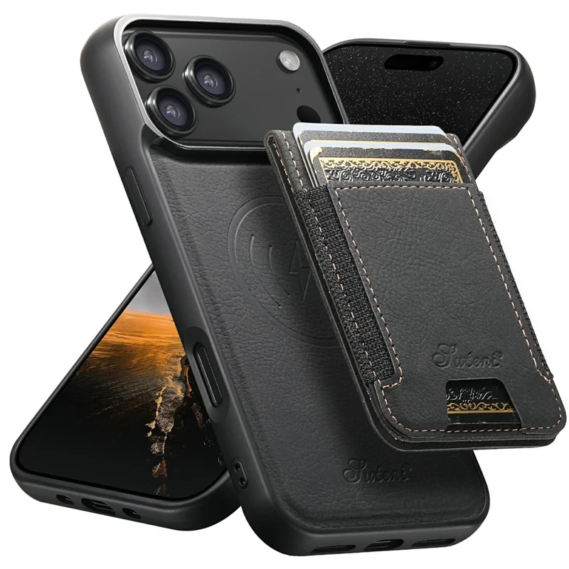 SUTENI H17 For iPhone 17 Pro Max Magnetic Case Card Slots Leather + TPU Kickstand Phone Cover - Black