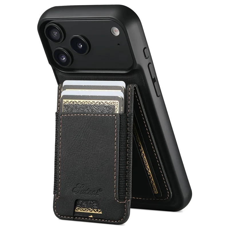 SUTENI H17 For iPhone 17 Pro Max Magnetic Case Card Slots Leather + TPU Kickstand Phone Cover - Black